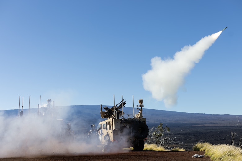 A Marine Air Defense Integrated System Mk 1 fires upon a small unmanned aircraft system during a training exercise at Pohakuloa Training Area, Hawaii, Jan. 25, 2025. A key component of the Marine Corps’ Force Design initiative, the mobile MADIS increases 3d Marine Littoral Regiment’s tactical flexibility by extending the range of the airspace which 3d MLR is able to sense and defend without support from the Joint Force. (U.S. Marine Corps photo by Sgt. Jacqueline C. Parsons)