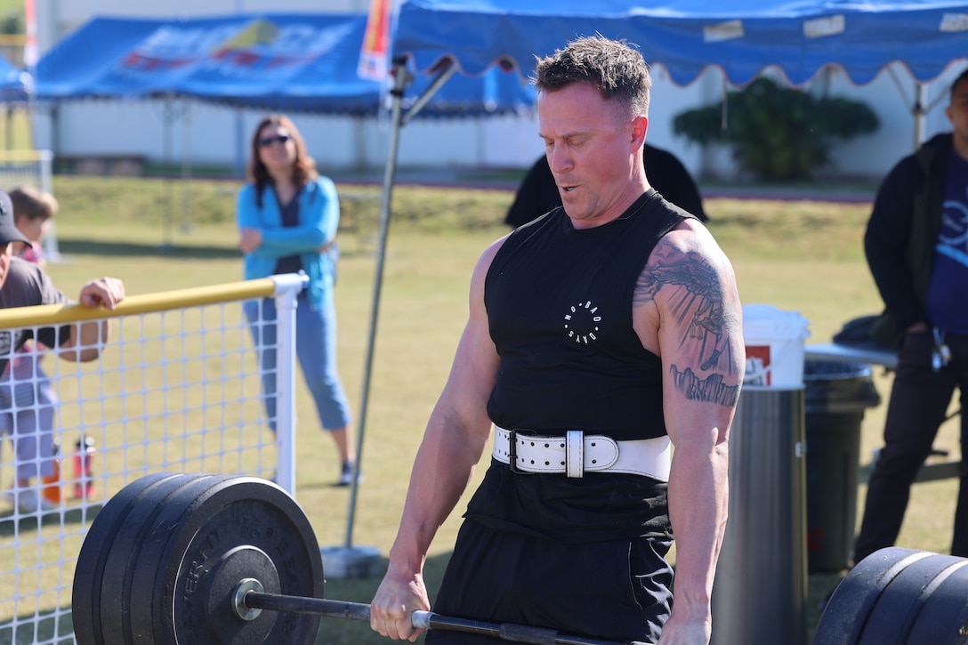 CAMP FOSTER, Okinawa, Japan – March 22, 2025 – Maj. Brock Anderson, from Gettysburg, Pennsylvania, assigned to the 3D Marine Expeditionary Brigade as the Deputy Air Officer, performs a deadlift during the Marine Corps Community Services 2025 Okinawa’s Strongest competition. (U.S. Marine Corps photo by 2nd Lt. Giovanni A. Jimenez)
