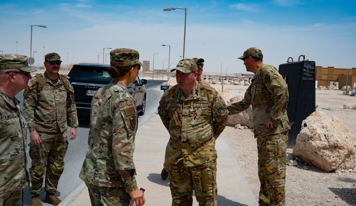 379th Air Expeditionary Wing leadership, greets Maj. Gen. Kerry L. Muehlenbeck, Adjutant General of Arizona, and her team during a visit within the U.S. Central Command area of responsibility, April 2, 2025. The 379th AEW encompasses airlift, aerial refueling, intelligence, surveillance, and reconnaissance, and aeromedical evacuation assets, which support multiple CENTCOM operations in the AOR, including Inherent Resolve and Spartan Shield. (U.S. Air Force photo by Senior Airman Dieondiere Jefferies)