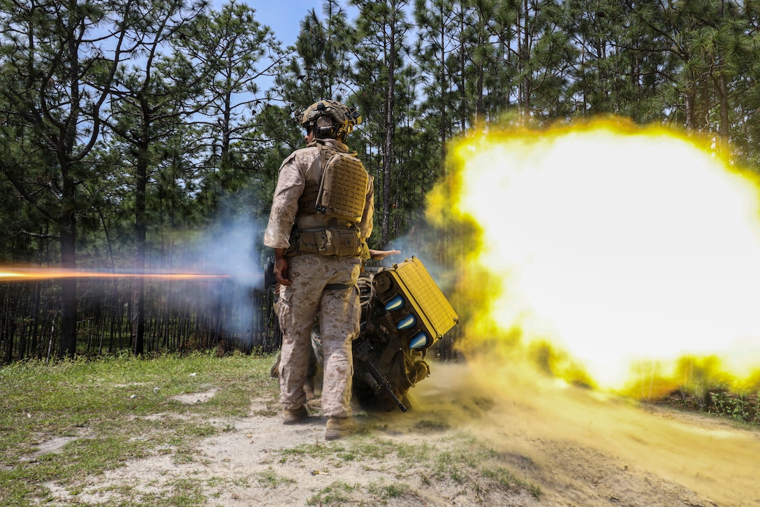 U.S. Marines with 2d Combat Engineer Battalion, 2d Marine Division participate in a live-fire range during the Sapper Leaders Course on Marine Corps Base Camp Lejeune, North Carolina, April 22, 2025. The Sapper Leaders Course was held to provide small unit leaders with 2d MARDIV the knowledge and ability to conduct independent operations, increasing unit efficiency and warfighting capabilities. (U.S. Marine Corps photo by Lance Cpl. Brooke Pedersen)
