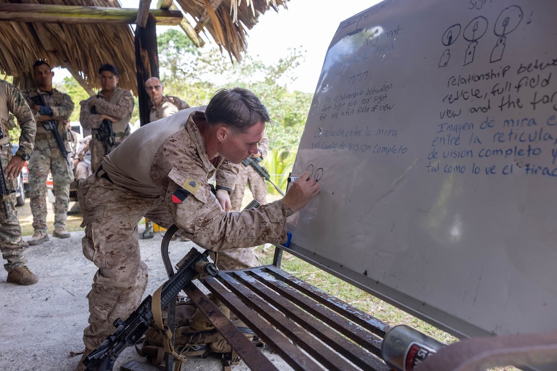 U.S. Marine Sgt. David Gattine, a Macomb, Michigan native and scout sniper with 1st Battalion, 8th Marines, 6th Regiment, 2d Marine Division teaches a class on how to zero a rifle to Panamanian security forces in Horoko, Panama, April 19, 2025. U.S. Southern Command is focused on increasing partner nation capacity and interoperability in the region and reflects the United States’ enduring promise of friendship, partnership, and solidarity with the Panamanian people. (U.S. Marine Corps photo by Lance Cpl. Francis Hrosar)