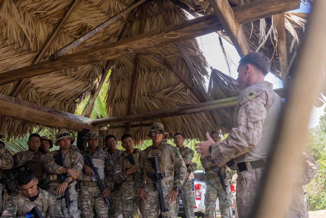 U.S. Marine Sgt. David Gattine, a Macomb, Michigan native and scout sniper with 1st Battalion, 8th Marines, 6th Regiment, 2d Marine Division teaches a class on how to zero a rifle to Panamanian security forces in Horoko, Panama, April 19, 2025. U.S. Southern Command is focused on increasing partner nation capacity and interoperability in the region and reflects the United States’ enduring promise of friendship, partnership, and solidarity with the Panamanian people. (U.S. Marine Corps photo by Lance Cpl. Francis Hrosar)