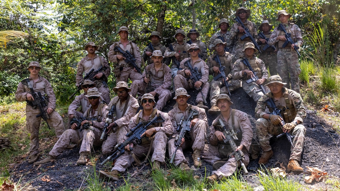 U.S. Marines with 1st Battalion, 8th Marines, 6th Regiment, 2d Marine Division and Panamanian security forces pose for a group photo in Horoko, Panama, April 19, 2025. U.S. Southern Command is focused on increasing partner nation capacity and interoperability in the region and reflects the United States’ enduring promise of friendship, partnership, and solidarity with the Panamanian people. (U.S. Marine Corps photo by Lance Cpl. Francis Hrosar)