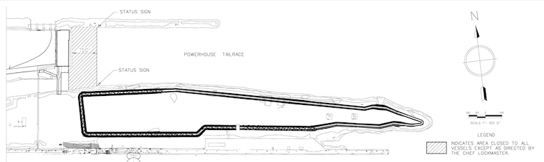 Drawing showing the Soo Locks hydroelectric power plant tail race safety zone (150 feet) closure with hatching.