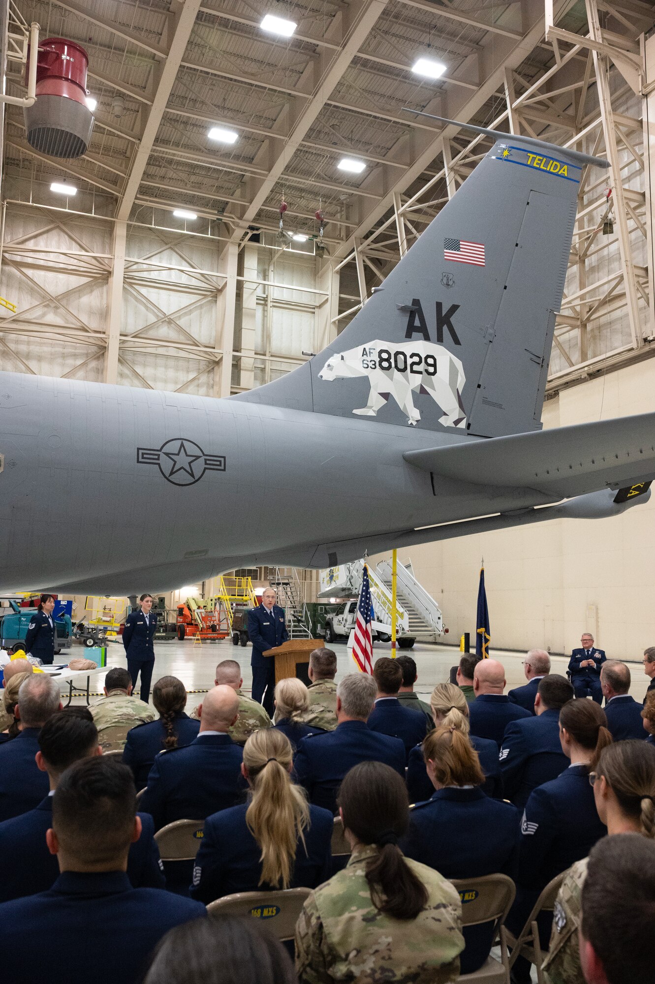 U.S. Air National Guard Lt. Col. Russell S. Pierce, incoming commander, thanks his 168th Medical Group.