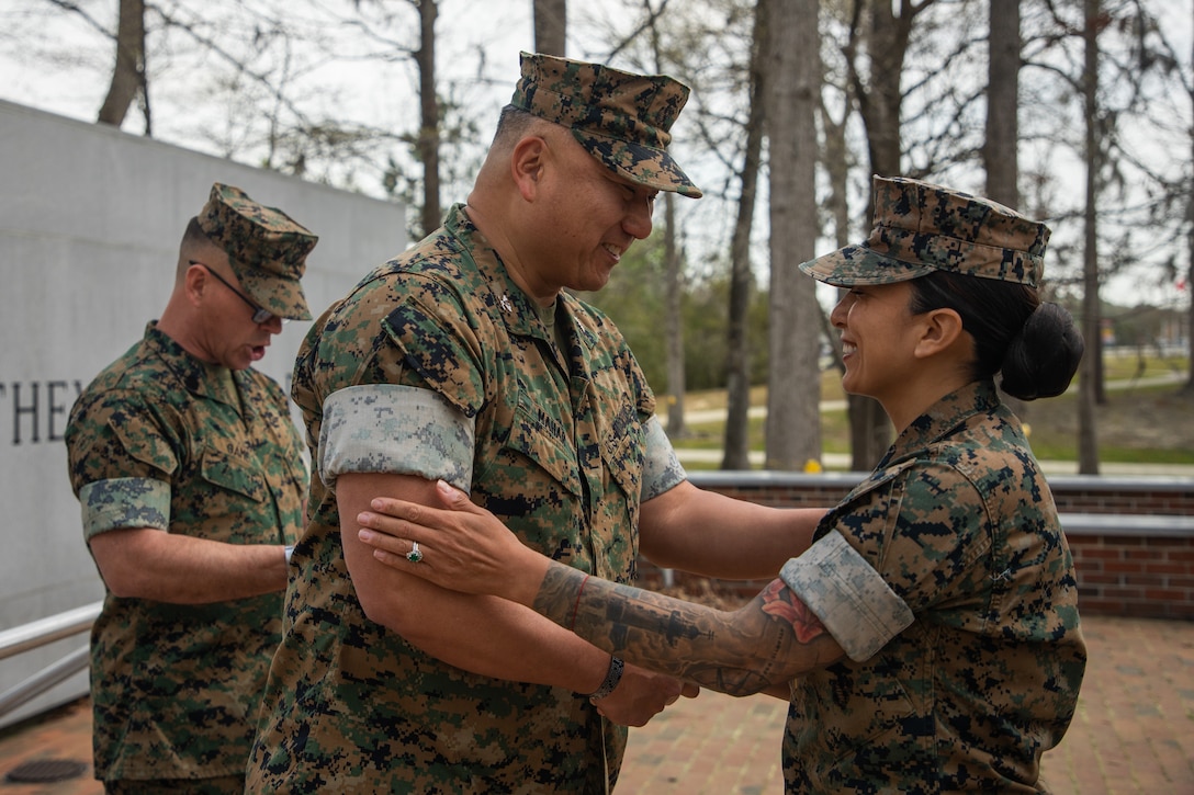 U.S Navy Petty Officer First Class Nancy Guillermo, a Queens, New York native with the 24th Marine Expeditionary Unit (MEU), is awarded a Navy and Marine Corps Commendation Medal at the Lejeune Memorial Gardens, Jacksonville, N.C., March 24, 2025. As the 24th MEU’s Religious Programs Specialist, Guillermo organized and participated in multiple volunteer opportunities and community relation events during the pre-deployment training cycle and deployment. (U.S. Marine Corps photo by Cpl. Victoria Hutt)