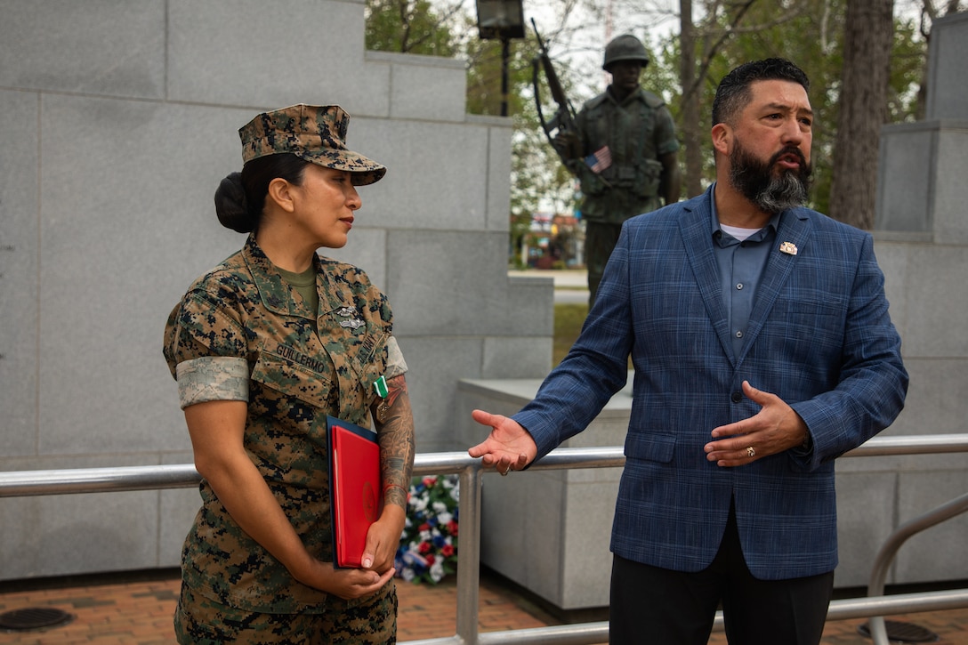 U.S Navy Petty Officer First Class Nancy Guillermo, a Queens, New York native with the 24th Marine Expeditionary Unit (MEU), is awarded the Geico Service Member of the Year award for the Navy at the Lejeune Memorial Gardens, Jacksonville, N.C., March 24, 2025. As the 24th MEU’s Religious Programs Specialist, Guillermo was awarded the GEICO Service Member of the Year for organizing and participating in multiple volunteer and community relation events, both on and off duty, during the pre-deployment training cycle and deployment. (U.S. Marine Corps photo by Cpl. Victoria Hutt)