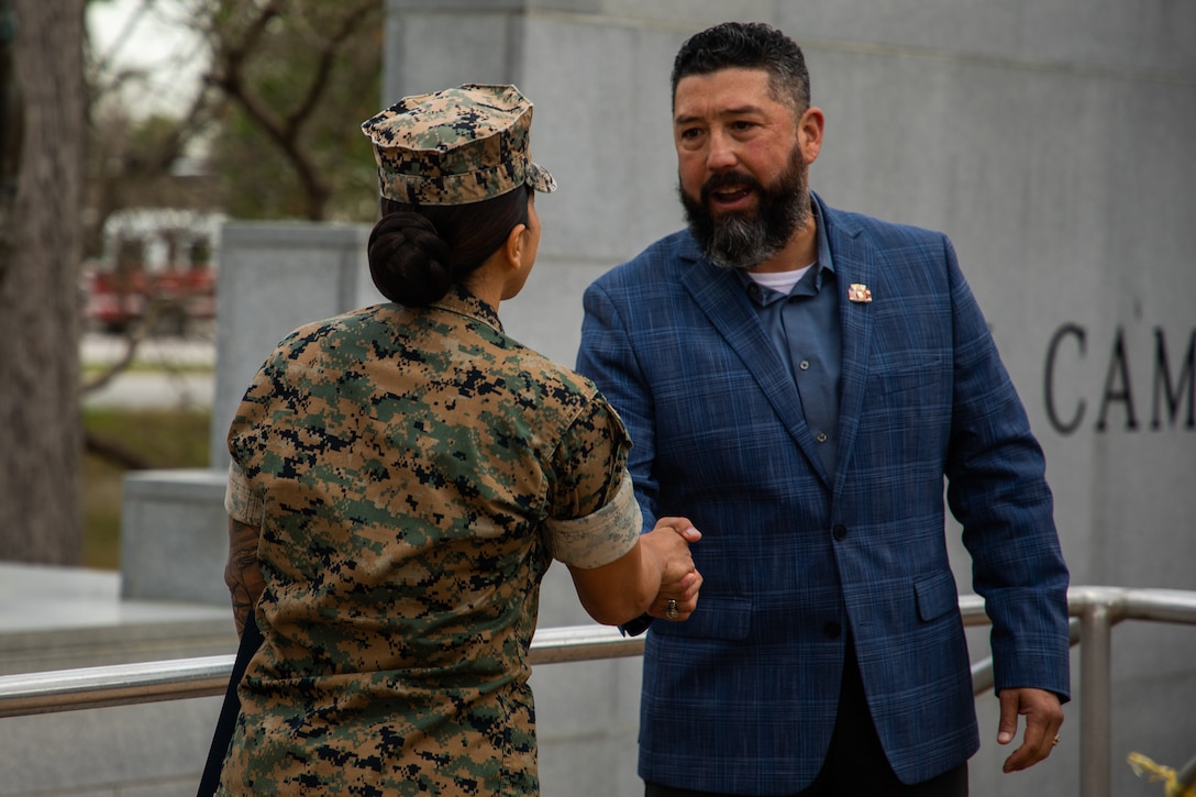U.S Navy Petty Officer First Class Nancy Guillermo, a Queens, New York native with the 24th Marine Expeditionary Unit (MEU), is awarded the Geico Service Member of the Year award for the Navy at the Lejeune Memorial Gardens, Jacksonville, N.C., March 24, 2025. As the 24th MEU’s Religious Programs Specialist, Guillermo was awarded the GEICO Service Member of the Year for organizing and participating in multiple volunteer and community relation events, both on and off duty, during the pre-deployment training cycle and deployment. (U.S. Marine Corps photo by Cpl. Victoria Hutt)