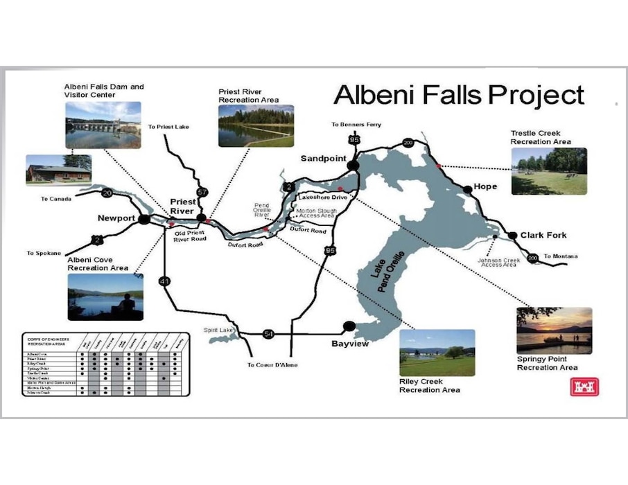 Image of map showing recreational areas under the authority of the Albeni Falls Dam project. USACE officials announce temporary closures and reduced services at several USACE-managed facilities on Lake Pend Oreille and the Pend Oreille River for the upcoming summer season. Closures take effect May 10, 2025, and will remain in place until further notice.