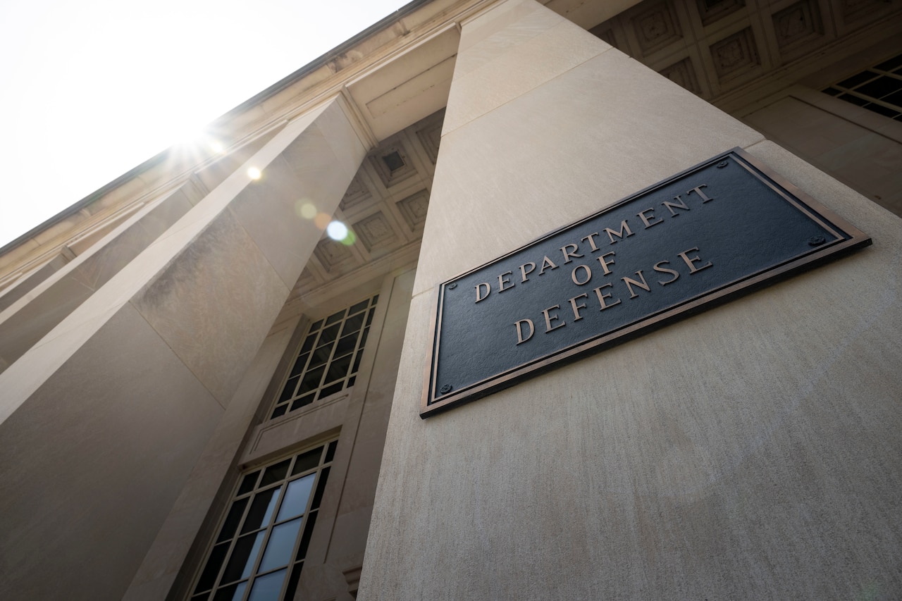 A Department of Defense sign outside of the Pentagon.