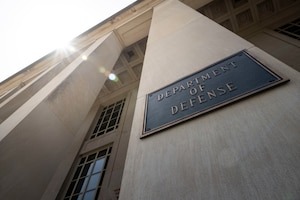 A Department of Defense sign outside of the Pentagon.