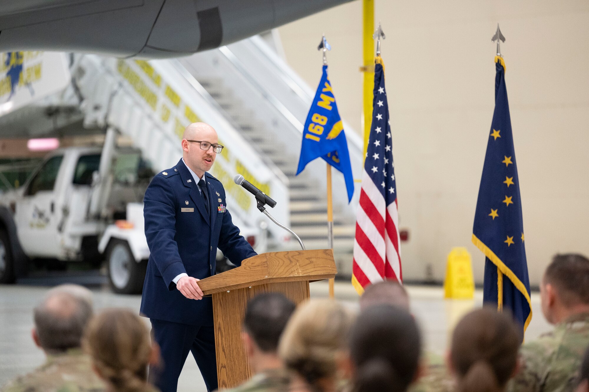 Maj. Joshua P. Casey, incoming commander of the 168th Aircraft Maintenance Squadron, addresses the 168th Wing during the Assumption of Command ceremony