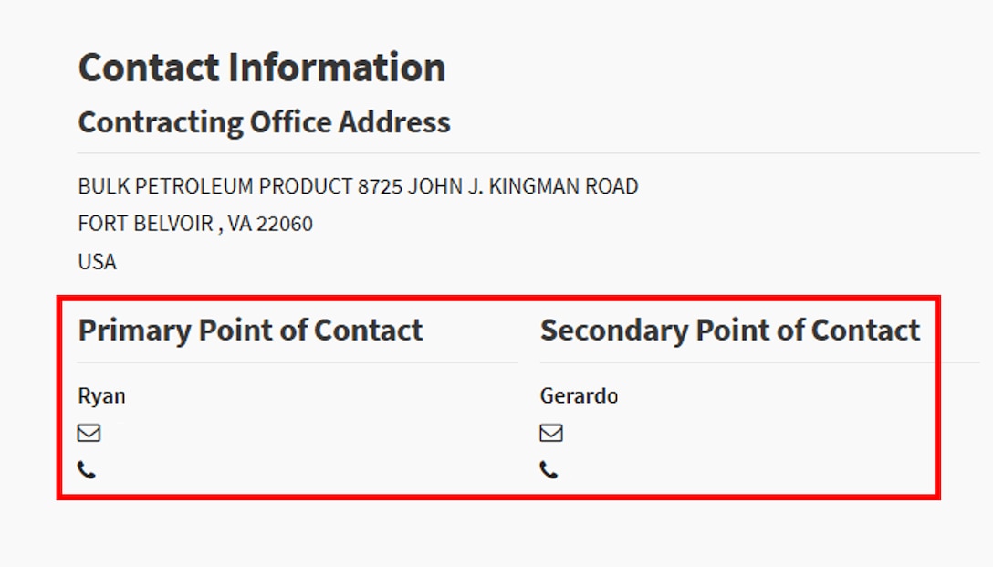 SAM.gov solicitation example Contact Information section with Primary and secondary Point of Contact
