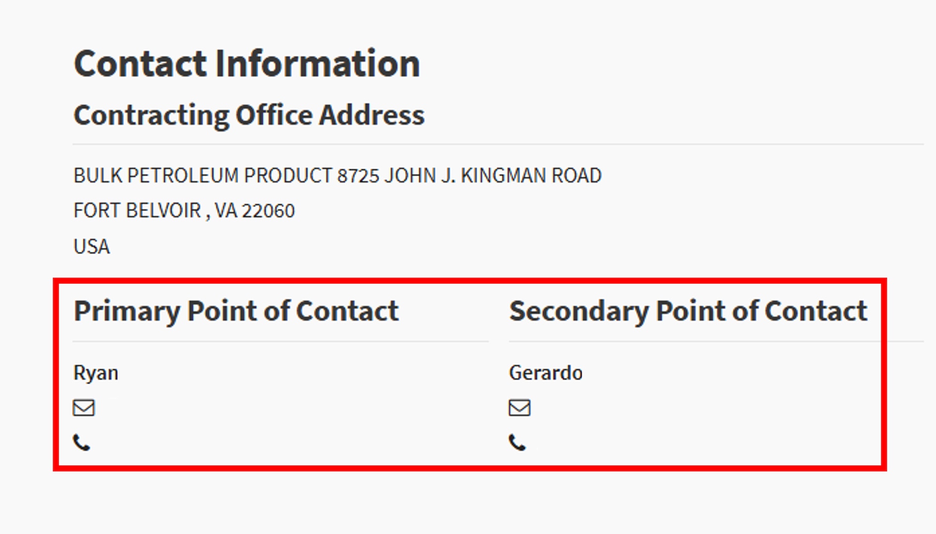 SAM.gov solicitation example Contact Information section with Primary and secondary Point of Contact