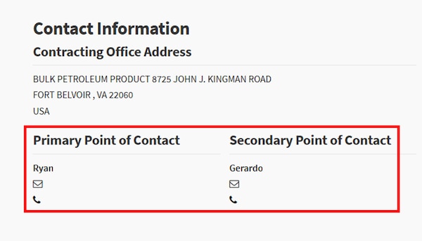 SAM.gov solicitation example Contact Information section with Primary and secondary Point of Contact