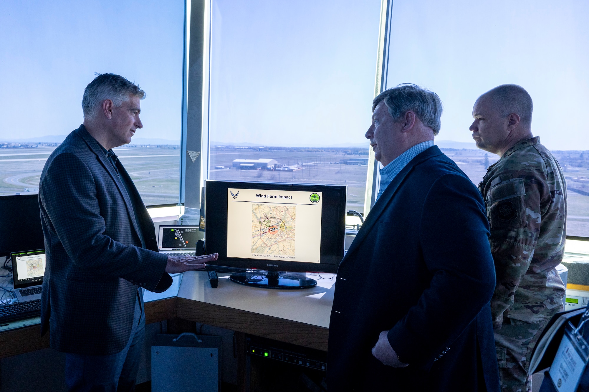U.S. Rep Michael Baumgartner discusses wind farm impact during a visit to Fairchild Air Force Base, Washington, April 24, 2025. During his tour, he visited the Child Developmental Center, Air Traffic Control Tower and Wing Headquarters. Various topics were covered to include: funding, facilities, land use agreements and the Survival, Evasion, Resistance, and Escape mission. (U.S. Air Force photo by Airman 1st Class Samantha Thorn)