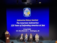 WASHINGTON –Vice Adm. Johnny R. Wolfe (far left), director of Strategic Systems Programs (SSP), kicked off the Naval Submarine League Submarine History Seminar Thursday afternoon with a vote of confidence for the future of the U.S. Navy and Maritime Industrial Base (MIB). 



Representatives from across the submarine community and supporting partners gathered at the U.S. Navy Memorial on 24 April to recognize 125 years of the U.S. submarine force; honor the brave men and women who operate under the seas; and discuss how the U.S. Navy, including SSP, and its industry partners, will continue to combat current and long-term threats in today’s unprecedented security environment. (U.S. Navy Photo/Released)