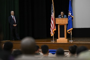 Dr. Sarah A. Barksdale, the 316th Wing historian, introduces Dr. Brendan Mulvaney, the director of the Department of the Air Force China Aerospace Studies Institute, during the Understanding China’s Aerospace event at Joint Base Andrews, Md., April 21, 2025. The event highlighted current trends and developments in China’s military strategy. (U.S. Air Force photo by Senior Airman Gianluca Ciccopiedi)