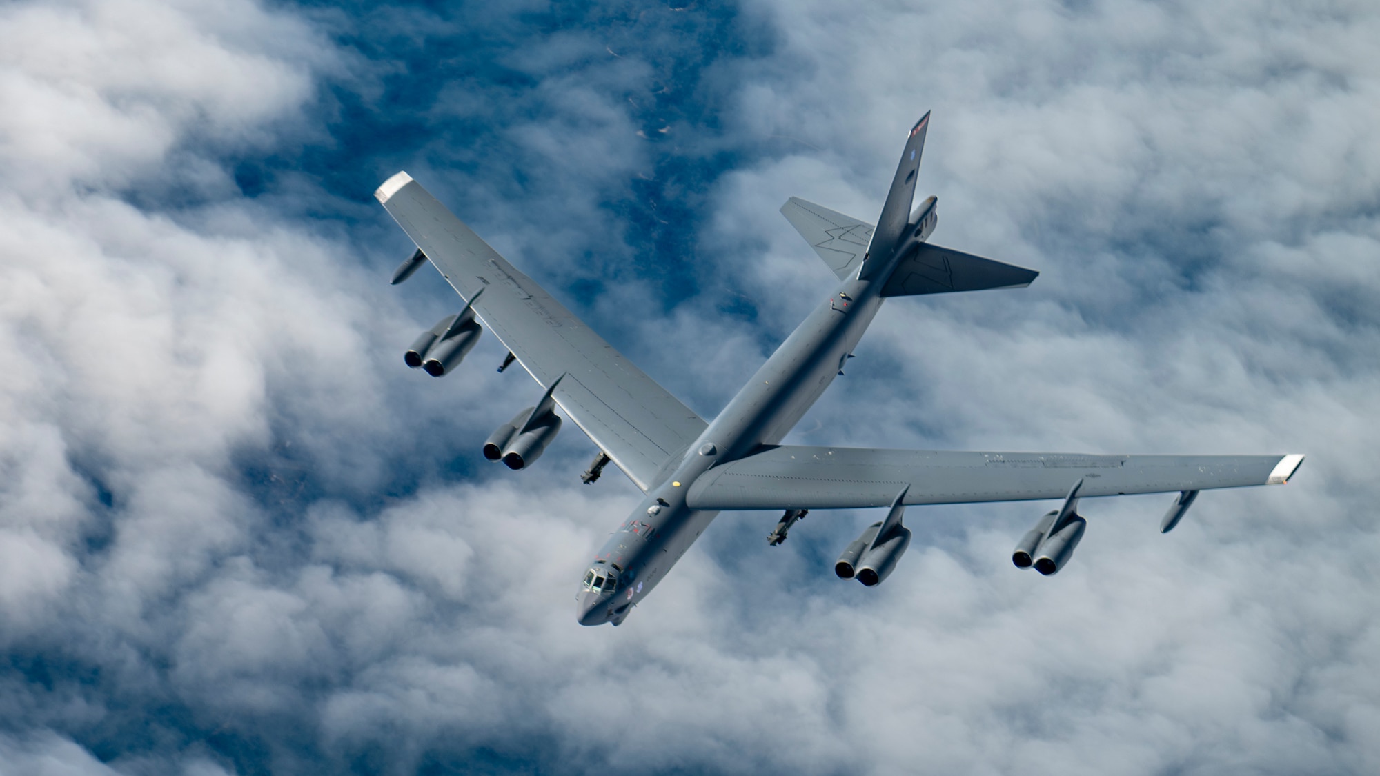 A B-52 Stratofortress assigned to the 2nd Bomb Wing, Barksdale Air Force base, Louisiana, approaches a KC-135 Stratotanker assigned to the 6th Air Refueling Wing, MacDill AFB, Florida, for fuel over the southeastern United States, Dec. 4, 2024. The B-52 Stratofortress is a long-range, heavy bomber that can perform a variety of missions. The aircraft can carry nuclear or precision guided conventional ordnance with worldwide precision navigation capability. (U.S. Air Force photo by Staff Sgt. Lauren Cobin)