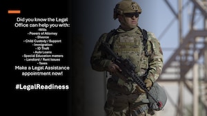 Legal Office illustration featuring Airman carrying rifle