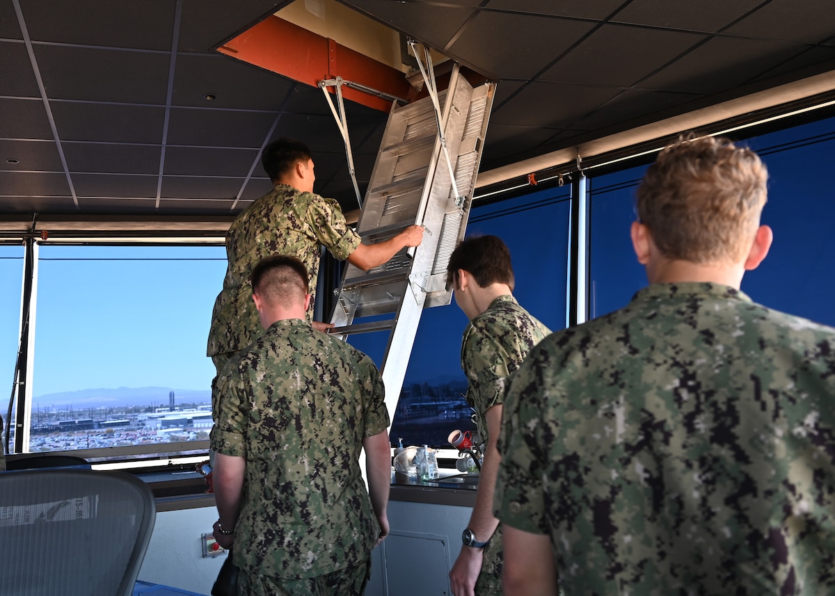 University of Arizona’s U.S. Naval Reserve Officer Training Corps cadets tour the Air Traffic Control Tower at Davis-Monthan Air Force Base, Arizona, April 26, 2025. The 355th Wing’s tour gave the NROTC cadets insight on how U.S. Air Force manages its aviation assets, strengthening joint service interoperability and understanding. (U.S. Air Force photo by Staff Sgt. Abbey Rieves)