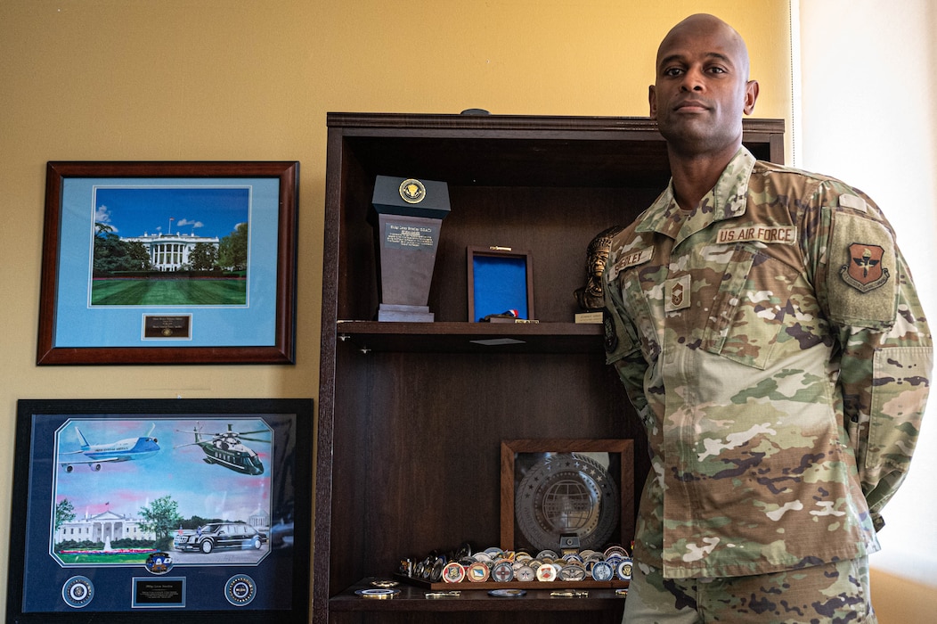 U.S. Air Force Chief Master Sgt. Leray Smedley, 13th Combat Air Base Squadron senior enlisted leader, poses for a photo in his office, Mar. 31, 2025, at Luke Air Force Base, Arizona.