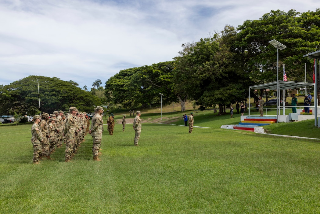 U.S. Army Maj. Gen. Lance Okamura, U.S. Army Pacific - Homeland Affairs, deputy commanding general, and Brig. Gen. Larry Opa, deputy commander of the Papua New Guinea Defense Force, gives a speech during the closing ceremony of Tamiok Strike 2025 in Port Moresby, Papua New Guinea, April 25, 2025.