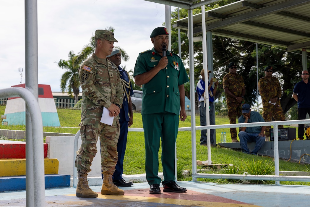 U.S. Army Maj. Gen. Lance Okamura, U.S. Army Pacific - Homeland Affairs, deputy commanding general, and Brig. Gen. Larry Opa, deputy commander of the Papua New Guinea Defense Force, gives a speech during the closing ceremony of Tamiok Strike 2025 in Port Moresby, Papua New Guinea, April 25, 2025.