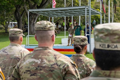 U.S. Army Maj. Gen. Lance Okamura, U.S. Army Pacific - Homeland Affairs, deputy commanding general, and Brig. Gen. Larry Opa, deputy commander of the Papua New Guinea Defense Force, gives a speech during the closing ceremony of Tamiok Strike 2025 in Port Moresby, Papua New Guinea, April 25, 2025.