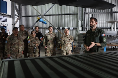 Soldiers from the 322nd Civil Affairs Brigade’s functional specialty team, part of the crisis response team for Exercise Croix du Sud 2025, toured Tontouta Air Base on April 24, 2025, alongside Australian and Fijian military and civilian partners