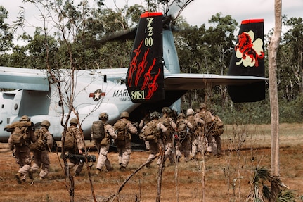 U.S. Marines with Marine Rotational Force – Darwin 25.3 board a MV-22B Osprey during on-off drills from Royal Australian Air Force Base Darwin to Robertson Barracks, Darwin, Australia, April 29, 2025.