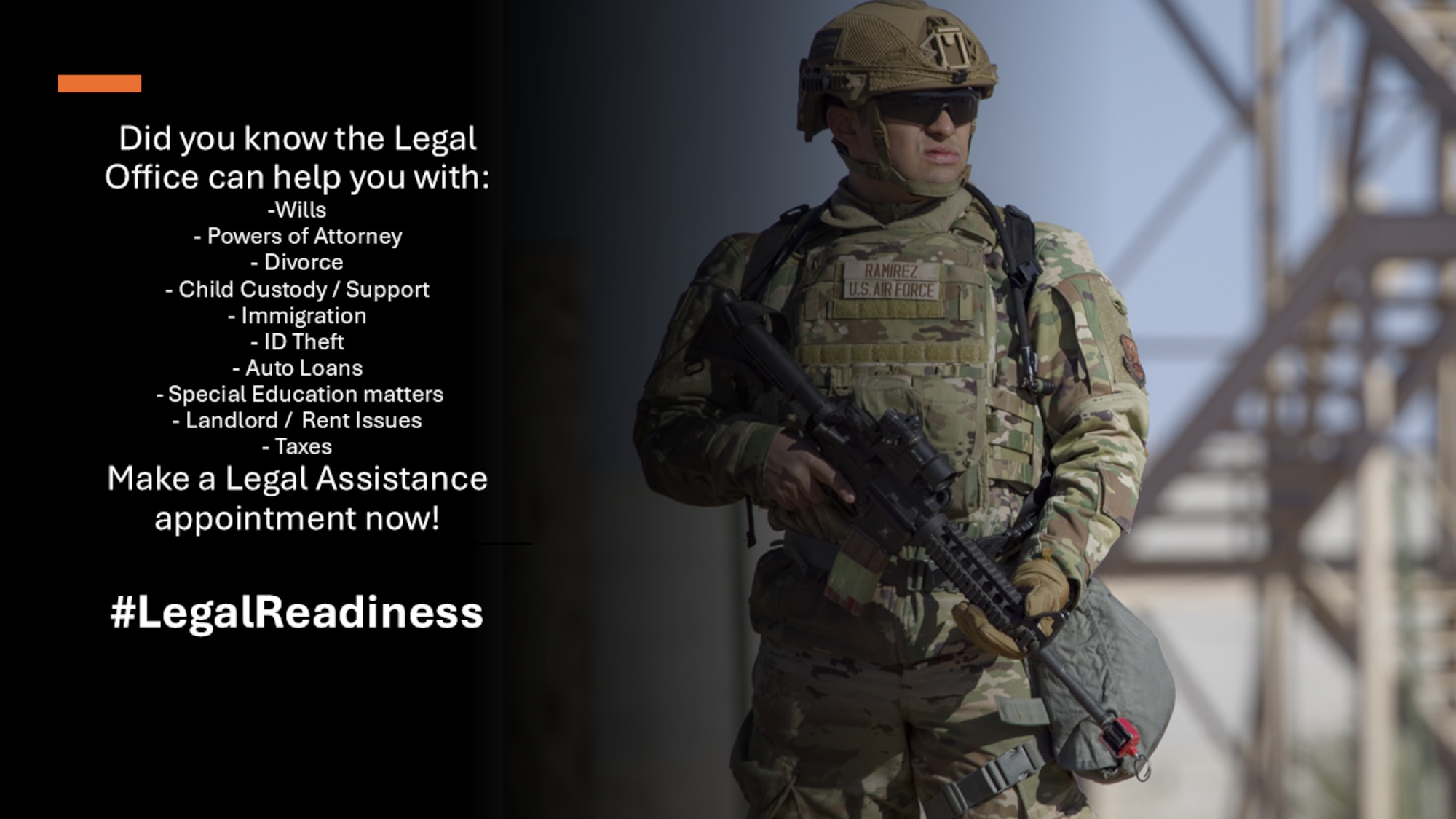 Legal Office illustration featuring Airman carrying rifle