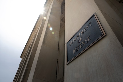A Department of Defense sign outside of the Pentagon.