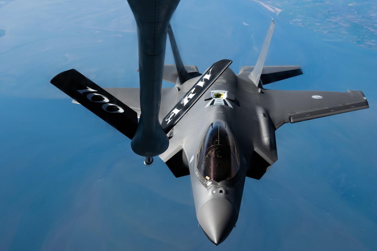 A Royal Netherlands Air Force F-35 Lightning II approaches a U.S. Air Force KC-135 Stratotanker from the 100th Air Refueling Wing, RAF Mildenhall, England, for fuel during a commemoration flight for Operation Chowhound over the North Sea, April 28, 2025.