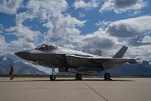 A photo of an F-35 waiting on the flight line at Hill Air Force base