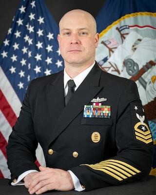 250128-N-GP524-1011 NEWPORT, R.I. -- Official portrait of Command Master Chief Christopher M. Perras. (U.S. Navy photo Brett Dodge)