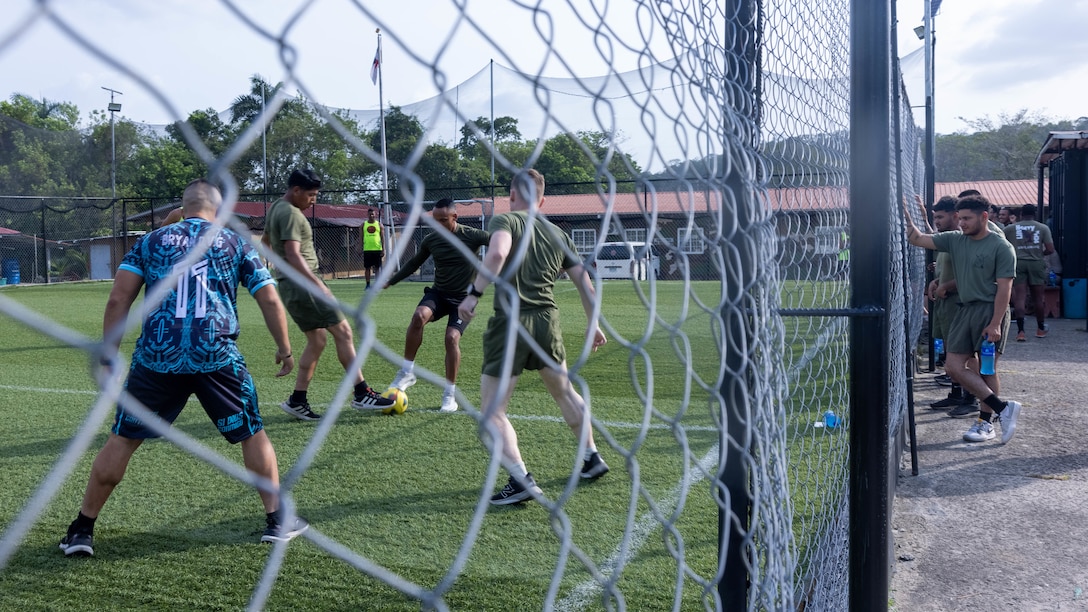 U.S. Marines with 1st Battalion, 8th Marines, 6th Regiment, 2d Marine Division play soccer with Panamanian security forces in Rodman, Panama, April 15, 2025. U.S. Southern Command is focused on increasing partner nation capacity and interoperability in the region and reflects the United States’ enduring promise of friendship, partnership, and solidarity with the Panamanian people. (U.S. Marine Corps photo by Lance Cpl. Francis Hrosar)