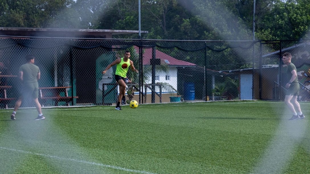 U.S. Marines with 1st Battalion, 8th Marines, 6th Regiment, 2d Marine Division play soccer with Panamanian security forces in Rodman, Panama, April 15, 2025. U.S. Southern Command is focused on increasing partner nation capacity and interoperability in the region and reflects the United States’ enduring promise of friendship, partnership, and solidarity with the Panamanian people. (U.S. Marine Corps photo by Lance Cpl. Francis Hrosar)