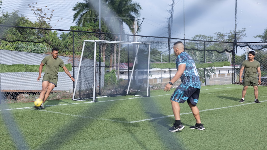 U.S. Marines with 1st Battalion, 8th Marines, 6th Regiment, 2d Marine Division play soccer with Panamanian security forces in Rodman, Panama, April 15, 2025. U.S. Southern Command is focused on increasing partner nation capacity and interoperability in the region and reflects the United States’ enduring promise of friendship, partnership, and solidarity with the Panamanian people. (U.S. Marine Corps photo by Lance Cpl. Francis Hrosar)
