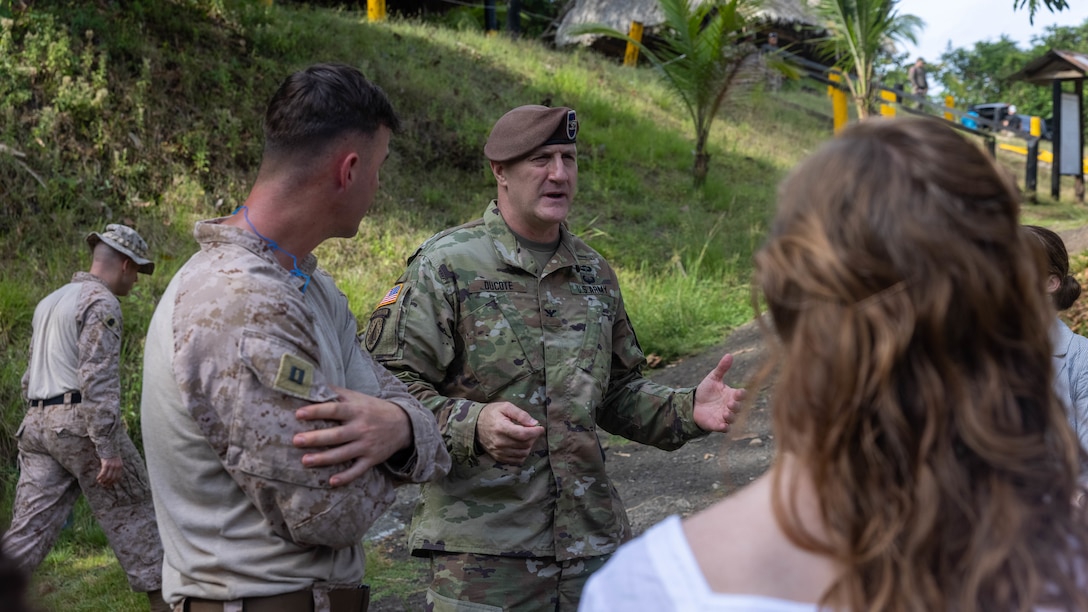 Col. Brian Ducote, commander of Joint Security Cooperation Group-Panama, speaks to United States Marines and professional staff members of the Senate Armed Services Committee about Department of Defense security cooperation efforts in Horoko, Panama, April 26. Senate Armed Services Committee Professional Staff Members visited United States Marines conducting bilateral subject matter exchanges with Servicio Nacional Aeronaval (SENAN) to better understand ongoing security cooperation initiatives as part of expanded partnerships between the United States and Panama. (U.S. Marine Corps photo by Lance Cpl. Francis Hrosar)