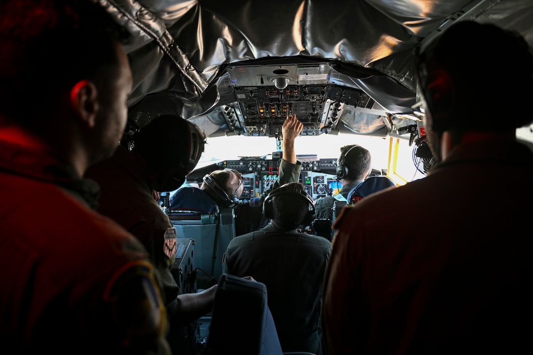 U.S. Air Force aircrew members assigned to the 459th Air Refueling Wing prepare for a refueling mission aboard a KC-135 Stratotanker at Joint Base Andrews, Md., April 22, 2025. The 459th ARW operates the KC-135 to extend the global reach of U.S. and allied forces. (U.S. Air Force photo by Senior Airman Gianluca Ciccopiedi)