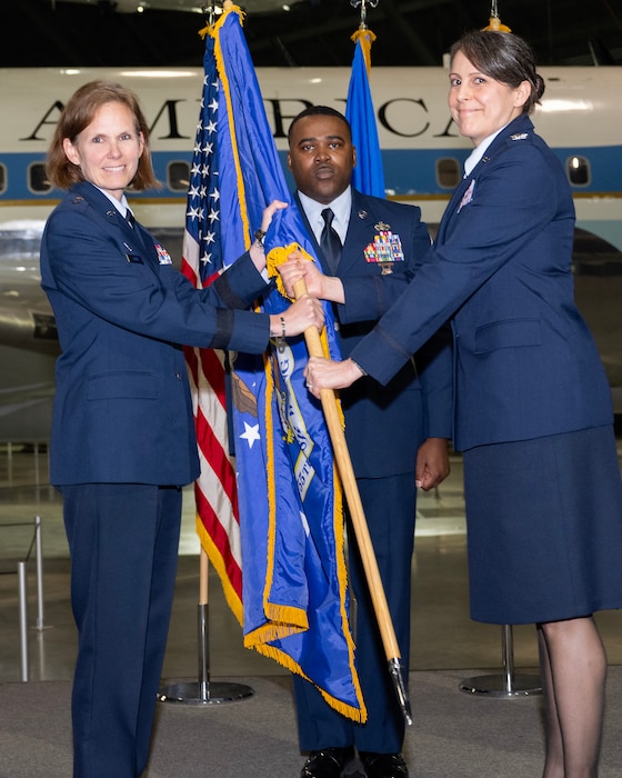 Col. Jennifer Mulder, incoming 655th Intelligence, Surveillance and Reconnaissance Wing commander, accepts the guidon from Maj. Gen. Regina A. Sabric, 10th Air Force commander, during a change of command ceremony April 5, 2025, held at the National Museum of the U.S. Air Force, Dayton, Ohio. Col. Mulder assumed command of the 655th ISRW from Col. Philip O. Warlick II. The wing is the only ISR wing in the Air Force Reserve Command. (Courtesy photo)