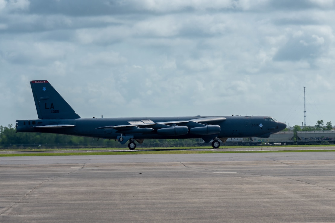 A U.S. Air Force B-52H Stratofortress from the 2nd Bomb Wing, Barksdale Air Force Base, La., lands at Chennault International Airport in Lake Charles, La., April 29, 2025. As part of the visit, 2nd Bomb Wing leadership toured the facilities at Chennault and met with 159th Fighter Wing and Louisiana National Guard leadership to discuss future integration and training opportunities. (U.S. Air Force photo by Senior Airman Seth Watson)