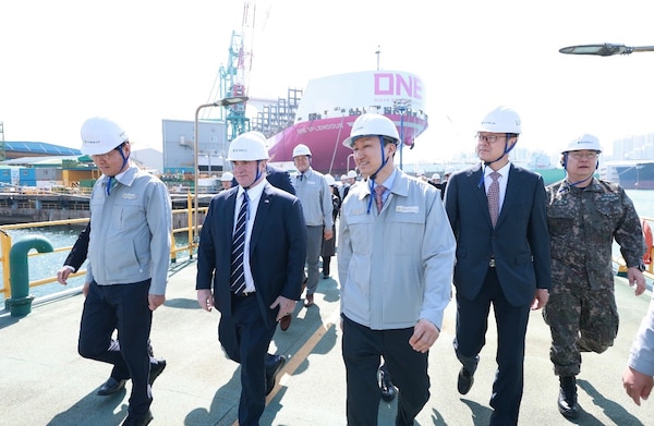 Secretary of the Navy John C. Phelan tours HD Hyundai Heavy Industries in the Republic of Korea on Apr. 30, 2025.