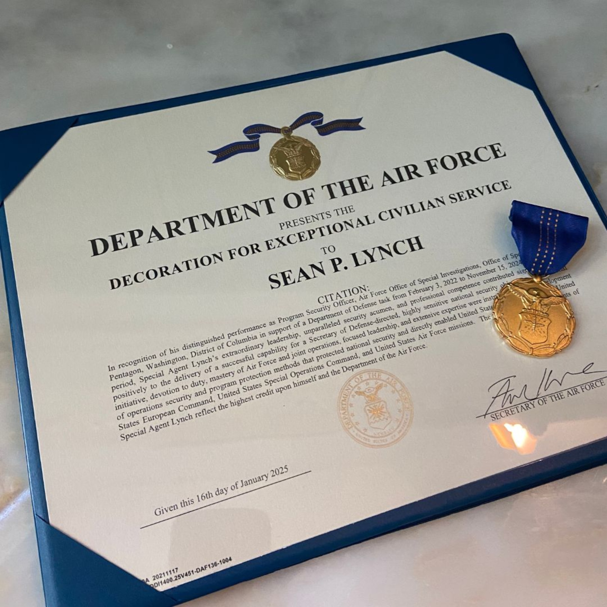 Special Agents Lee Russ and Sean Lynch, from the Air Force Office of Special Investigations’ Office of Special Projects (PJ), received the Department of the Air Force Decoration for Exceptional Civilian Service, April 23, 2025, at the Pentagon in Arlington, Virginia.