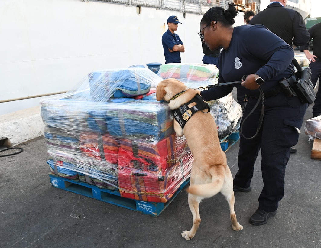 A U.S. Customs and Border Protection drug sniffing dog, Boomer, and his handler verify illicit drugs during a drug offload from USCGC Tampa (WMEC 902) at Port Everglades in Fort Lauderdale, Florida, April 30, 2025. The Tampa crew offloaded 59 bales of drugs worth more than $12 million seized in the Caribbean Sea by the crew of USS Minneapolis-Saint Paul and their embarked Navy helicopter. (U.S. Coast Guard photo by Petty Officer 1st Class Diana Sherbs)