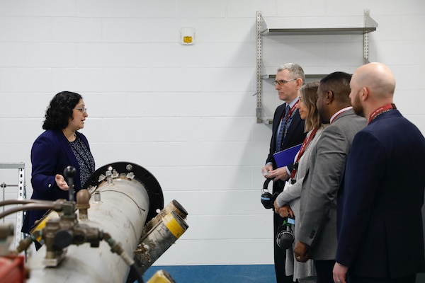 SILVER SPRING, Md. (April 28, 2025) Usmah Kawoos, with Naval Medical Research Command (NMRC), briefs Peter Reddy, Deputy Assistant Secretary of the Navy for Research, Development, Test, and Engineering, on NMRC’s operational and undersea medicine research capabilities during an official visit. NMRC, headquarters of Navy Medicine Research & Development, is engaged in a broad spectrum of activity from basic science in the laboratory to field studies in austere and remote areas of the world to investigations in operational environments. In support of Navy, Marine Corps and joint U.S. warfighter health, readiness and lethality, researchers study infectious diseases, biological warfare detection and defense, combat casualty care, environmental health concerns, aerospace and undersea medicine, operational mission support and epidemiology. For 250 years, Navy Medicine, represented by more than 44,000 highly-trained military and civilian healthcare professionals, has delivered quality healthcare and enduring expeditionary medical support to the warfighter on, below, and above the sea and ashore. (U.S. Navy photo by Elliott Page /Released)