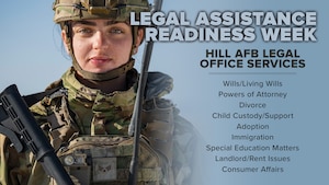 Graphic showing a female servicemember in combat gear next to a list of legal services that base legal provides