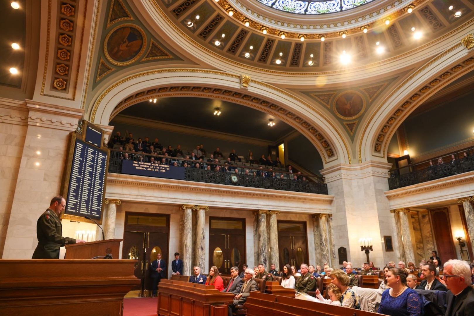 U.S. Army Maj. Gen. Matthew Strub, Wisconsin’s adjutant general, addresses the audience during his assumption of command ceremony in the Wisconsin state Capitol assembly chamber April 21, 2025. As the state’s 32nd adjutant general, Strub will command more than 7,000 National Guard members and lead the Wisconsin Department of Military Affairs. (U.S. Air National Guard photo by Staff Sgt. Olivia Sherman)
