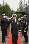 Rear Adm. Christopher Nash arrives to a change of command ceremony at a Naval Base Kitsap-Bangor, April 29, 2025. During the ceremony Nash relieved Rear Adm. Thomas Wall as commander of Submarine Group (SUBGRU) 9. SUBGRU-9 exercises administrative control authority for assigned submarine commands and units in the Pacific Northwest providing oversight for shipboard training, personnel, supply and material readiness of SSBNs and their crews. SUBGRU-9 is also responsible for nuclear submarines undergoing conversion or overhaul at Puget Sound Naval Shipyard in Bremerton, Washington. (U.S. Navy photo by Mass Communication Specialist 2nd Class Gwendelyn L. Ohrazda)